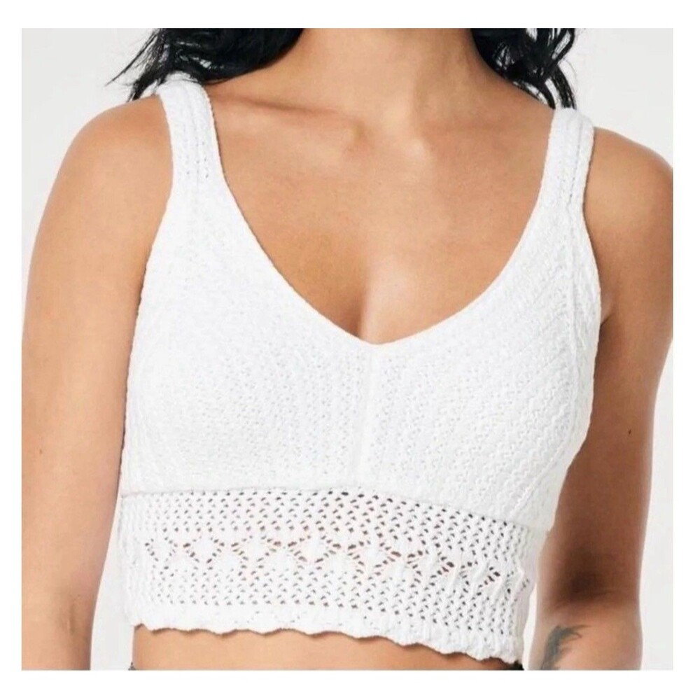 Hollister Womens White Crochet Knit Cropped Tank Top Size M Cotton Boho Festival
